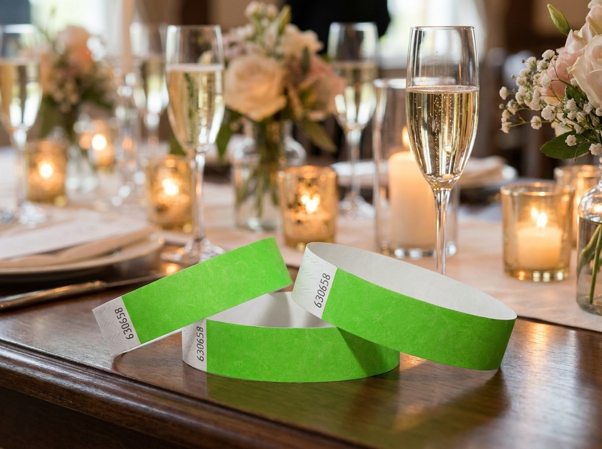 Pulseras Tyvek personalizadas para una velada privada elegante, colocadas sobre una mesa decorada con copas de champán