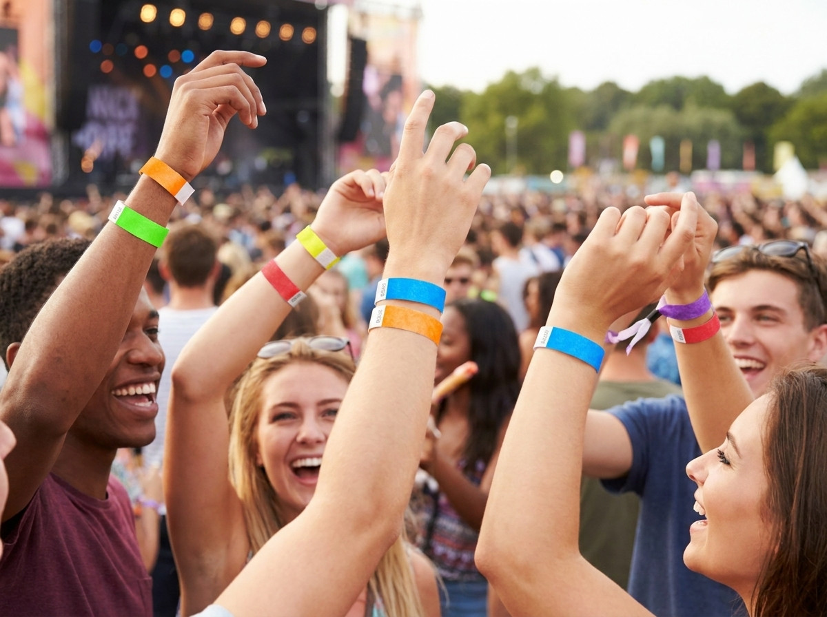 Pulseras Tyvek de colores llevadas por asistentes a un festival durante un concierto al aire libre, ilustrando su resistencia y comodidad