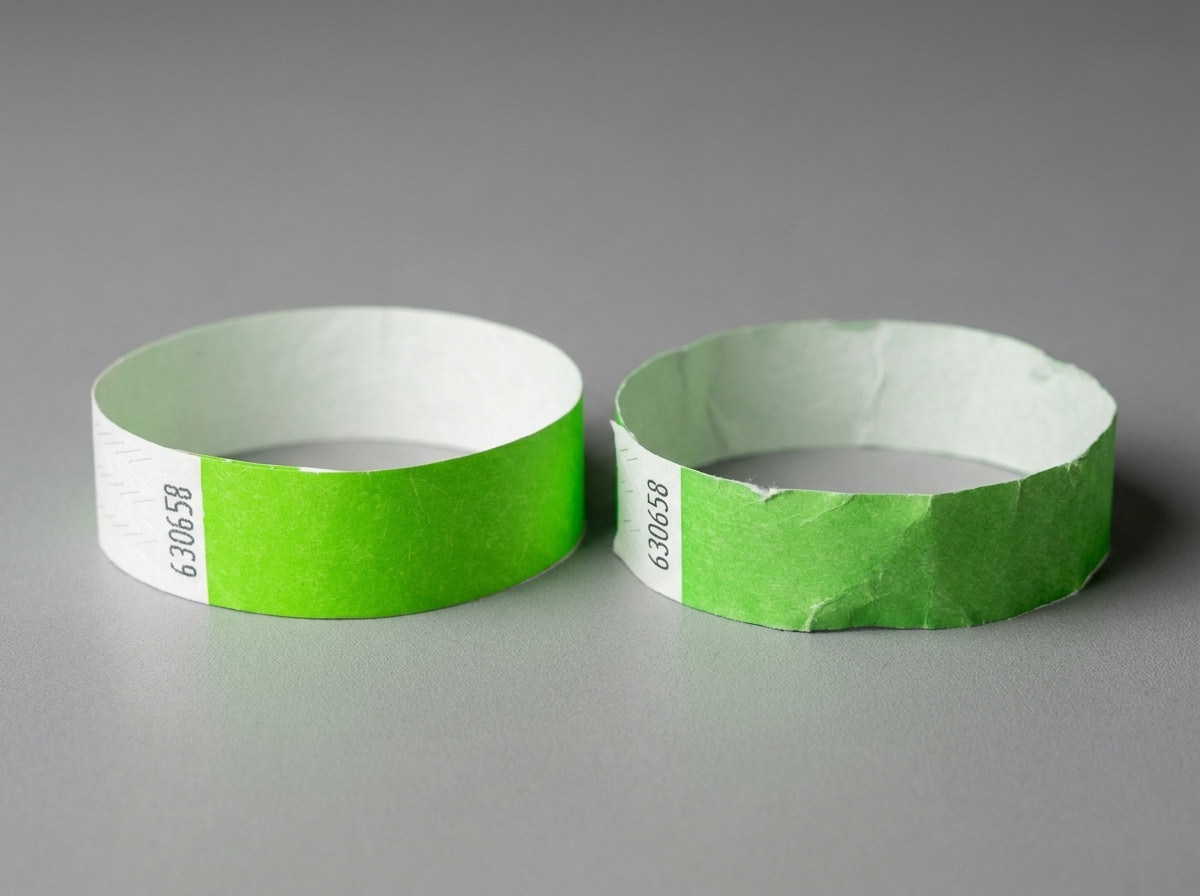 Comparacion lado a lado de una pulsera Tyvek y una pulsera de papel mojadas sobre una superficie exterior bajo la lluvia