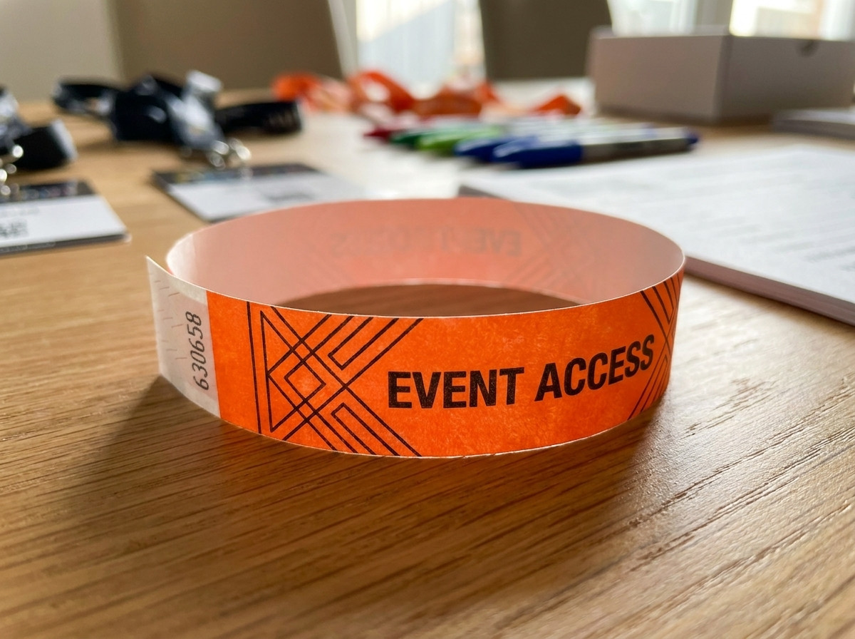 Primer plano de una pulsera Tyvek de color con impresión HD sobre una mesa de material para eventos
