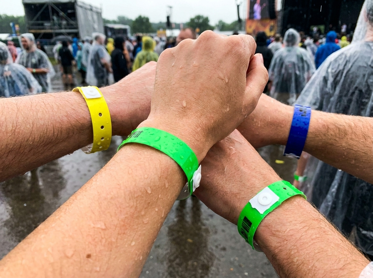 Pulseras de vinilo PVC de colores llevadas en la muneca durante un festival de varios dias bajo la lluvia