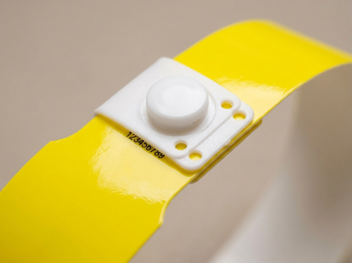 Primer plano de una pulsera de vinilo PVC amarilla con cierre de presion de plastico